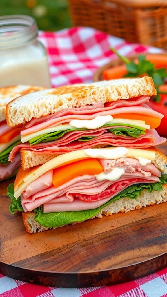 A delicious sandwich filled with deli meat and fresh vegetables, perfect for on-the-go meals.
